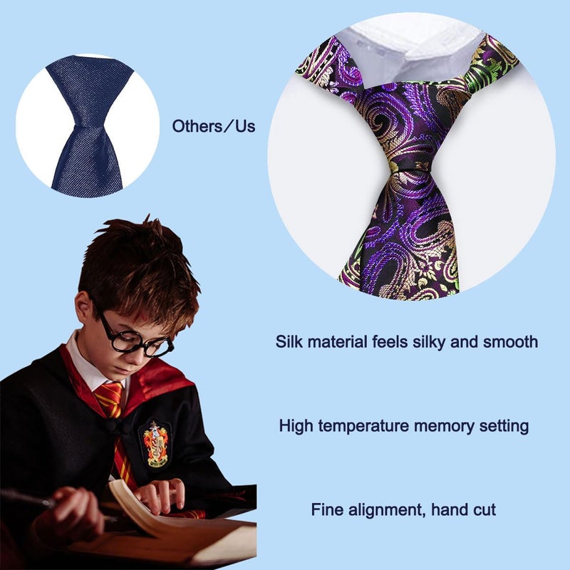 Barry.Wang Store Boy's Necktie Regular Silk Woven Stripe Solid Tie Pocket Square - Image 2